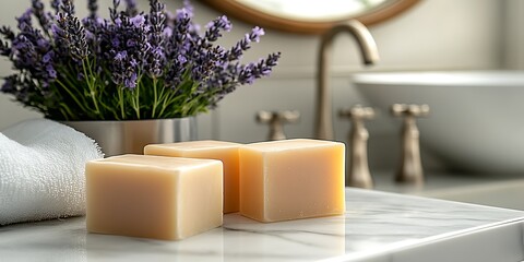 Poster - Charming bathroom arrangement with three lavender soaps and plush towels for a serene atmosphere : Generative AI