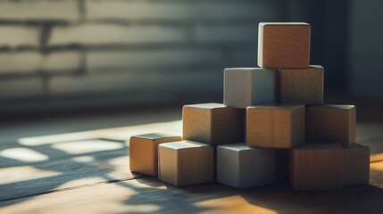 Poster - A close view of wooden blocks naturally arranged in warm sunlight creating a serene atmosphere : Generative AI