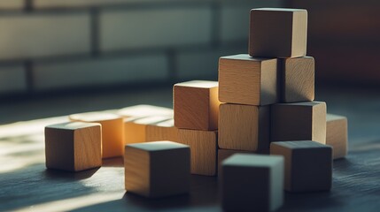 Leinwandbilder - Artful arrangement of wooden blocks in soft sunlight creating a cozy scene : Generative AI