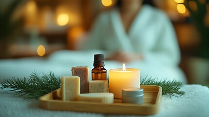 Poster - Elegant spa display featuring eco-friendly soaps essential oils and calming candlelight for relaxation : Generative AI