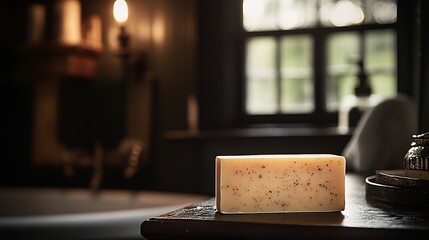 Poster - Beautifully crafted natural soap bar placed elegantly on a rustic table : Generative AI