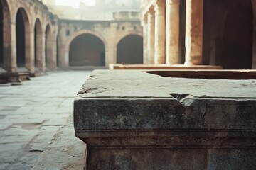 ancient ruins bask in soft, diffused light, casting intricate shadows across weathered stone, evokin