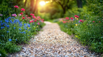 Wall Mural - Sunlit garden path, flowers, tranquil scene, relaxation