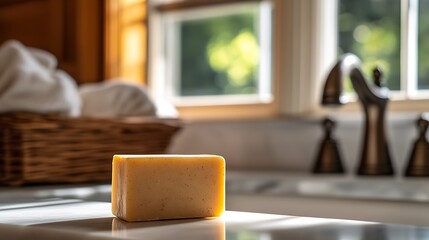 Poster - Artisan soap in warm sunlight on a clean bathroom counter surrounded by a cozy, inviting atmosphere : Generative AI