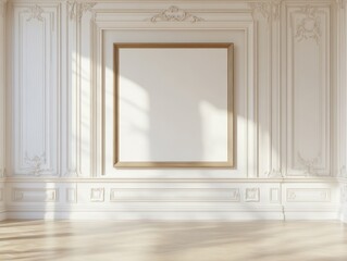 Wall Mural - Elegant room, blank frame, sunlit wall, mockup, interior design