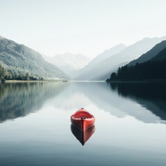 Poster - Lone red kayak floats serenely on the smooth surface of a tranquil mountain lake surrounded by towering peaks. Generative AI