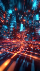 Fototapete - Stunning neon city skyline with dynamic light trails showcasing technological advancement : Generative AI