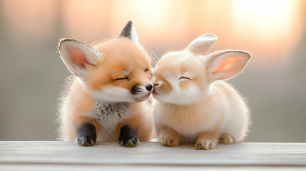 Wall Mural - Fox and rabbit kiss at sunset, outdoor, friendship