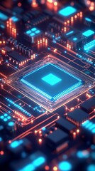 Aufkleber - Dramatic View of an Electronic Circuit Board Highlighting an Advanced Microchip with Neon Lights : Generative AI