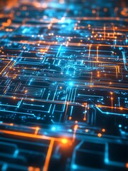 Poster - High tech abstract background with glowing circuit board patterns in blue and orange colors : Generative AI