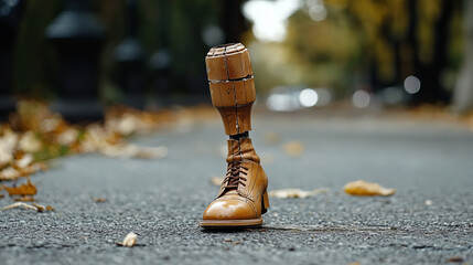 Innovative wooden prosthetic leg with brown shoe walking on a path surrounded by autumn leaves in a park setting