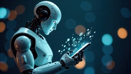 Robot Interacting with Smartphone and Holographic Icons, Artificial Intelligence and Mobile Technology Concept. Futuristic User Interface, Automation and Innovation.