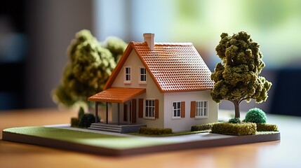 Poster - Charming miniature house model with vibrant trees and landscaped surrounding on a wooden table : Generative AI