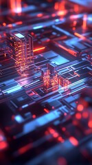 Aufkleber - Complex Circuit Board Design with Neon Lights and Dynamic Patterns : Generative AI