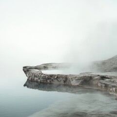Poster - Serene hot spring surrounded by rocky edges and rising steam at dawn. Generative AI