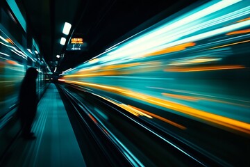Poster - Blurry silhouette of a person waiting as a train rushes by in a vibrant and illuminated station at night : Generative AI