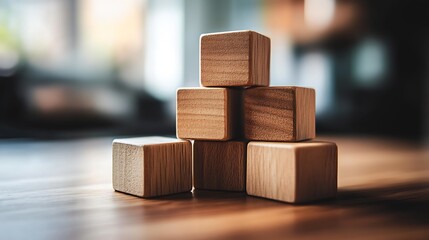 Leinwandbilder - Five refined wooden blocks stacked in a stylish formation showcasing their smooth texture on a rustic wooden table : Generative AI