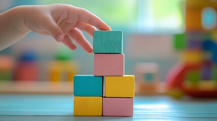 Poster - Child's Hand Reaching for Colorful Wooden Blocks Stacked in a Playful Environment : Generative AI