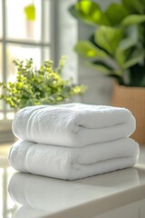 Aufkleber - Bright and Fresh White Towels Stacked on a Bathroom Counter Surrounded by Lush Greenery for a Tranquil Atmosphere : Generative AI