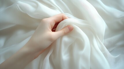 Aufkleber - Elegant hand clutching soft white satin fabric showcasing texture and light play : Generative AI