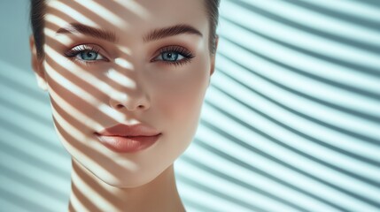 Poster - Radiant woman portrait featuring bright blue eyes and mesmerizing shadows creating depth and texture on her face : Generative AI