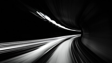 Poster - Captivating Black and White Image of a Curved Tunnel with Dynamic Motion Blurred Lights : Generative AI