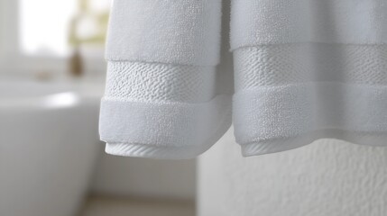 Fototapete - Delicate white towel with textured design draped in serene bathroom ambiance : Generative AI