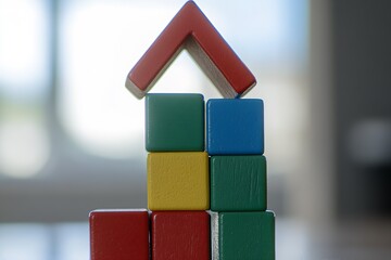 Leinwandbilder - Colorful wooden blocks forming a playful house structure against a bright background : Generative AI