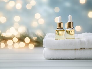 Two elegant glass bottles of essential oil positioned on fluffy towels with a dreamy background bokeh for relaxation : Generative AI