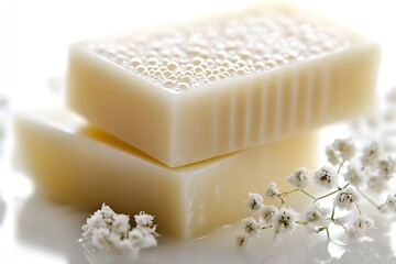 Poster - Close-up of luxurious soap bars with bubbles and delicate floral accents on a serene background : Generative AI