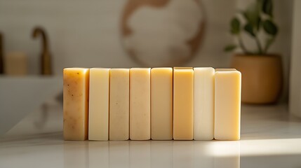 Poster - Beautifully crafted soap bars lined up showcasing soft colors and textures perfect for a wellness routine : Generative AI