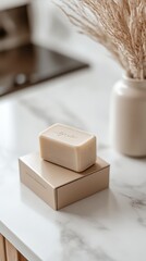 Aufkleber - Luxurious bar soap and its elegant packaging placed on a stylish marble surface with minimal decor : Generative AI