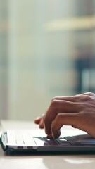Aufkleber - Laptop, business and hands of person with typing for economy research, accounts feedback or email networking in office. Employee, tech or scroll in agency for online banking, report review or contact