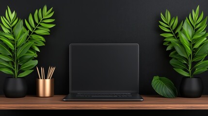 Canvas Print - Modern Workspace with Laptop and Green Plants on Dark Background