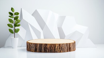 Wall Mural - Modern Minimalist Display with Natural Wood and Geometric Background