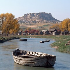 Wall Mural - Picturesque Autumn River Scene with Wooden Boats, Tranquil Village, Golden Trees, and Scenic Hillside; Serene Landscape Photography, Nature Adventure