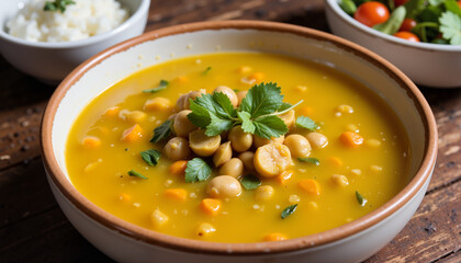 Wall Mural - Rustic split pea soup garnished with herbs on wooden table, comfort food