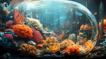 Breathtaking coral reef scenes: vibrant ocean ecosystems displayed in amazing panoramic underwater photographs. Glass-Encased Ecosystems. Illustration