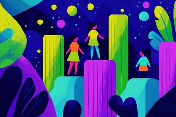 Wall Mural - A vibrant, abstract illustration featuring colorful figures on pillars, surrounded by a whimsical nighttime landscape filled with bright planets and foliage.