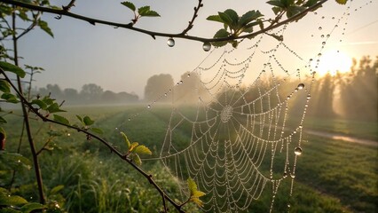 The first dew drops on a spiderweb in the early morning sunlight.