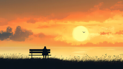 Poster - A serene landscape featuring a solitary figure on a bench, gazing at a beautiful sunset over a tranquil horizon. Whispering Shadows. Illustration