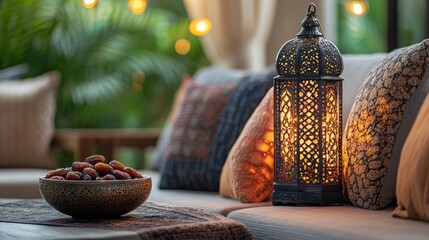 Wall Mural - Festive Ramadan scene with a decorative lantern and a bowl of dates on a plush sofa, soft warm tones, and open copy space