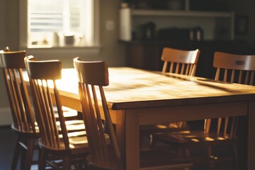 Wall Mural - A warmly lit dining room with a wooden table and chairs, bathed in soft sunlight, conveying a homely and inviting atmosphere.