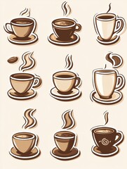 Aufkleber - style stickers featuring various coffee cups and beans in a playful design. Generative AI