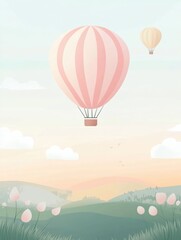 Poster - Colorful hot air balloons float above lush fields during a serene sunrise in a picturesque landscape. Generative AI
