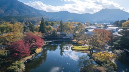 Wall Mural - Autumn Serenity: Japanese Garden with Mountain Views