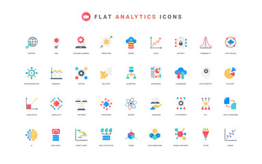 Poster - Data analysis with AI, machine learning, intelligent research process, statistics color icon set. Digital algorithm, tech structure and code to automate analytics, flat elements vector illustration