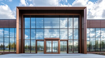 Canvas Print - A sleek, contemporary glass building entrance with a double glass door enclosed in a brown aluminum frame that reflects the overcast blue sky