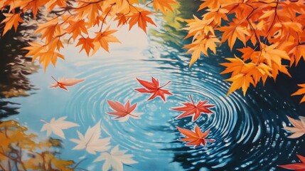 Poster - Autumnal Serenity: Maple Leaves Dancing on a Tranquil Pond