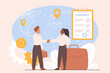 © lembergvector - Employment contract with foreign, international company, work visa and brain drain. Handshake agreement of tiny employee and employer by big world map and contract cartoon vector illustration